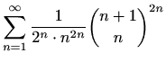 $ \displaystyle \sum_{n=1}^\infty \frac{1}{2^n\cdot n^{2n}} { n+1 \choose n}^{2n}$