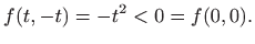 $\displaystyle f(t,-t)=-t^2<0=f(0,0).
$