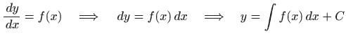 $\displaystyle \frac{  dy}{  dx}=f(x) \quad \Longrightarrow \quad   dy=f(x)  dx\quad \Longrightarrow
\quad y=\int f(x)  dx+C
$