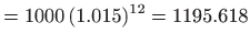 $\displaystyle =1000  (1.015)^{12}=1195.618$