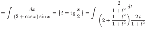 $\displaystyle =\int\frac{  dx}{(2+\cos x)\sin x}=\big\{ t=\mathop{\mathrm{tg}}...
...+t^2}  dt}{\displaystyle \bigg(2+\frac{1-t^2}{1+t^2}\bigg) \frac{2 t}{1+t^2}}$