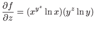 $ \displaystyle \frac{\partial f}{\partial z}=(x^{y^z} \ln x) (y^z \ln
y)$