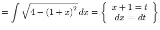 $\displaystyle =\int \sqrt{4-\left( 1+x\right) ^{2}} dx=\left\{ \begin{array}{c} x+1=t   dx= dt \end{array} \right\}$