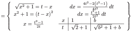 $\displaystyle =\left\{ \begin{array}{cc} \sqrt{x^{2}+1}=t-x &  dx=\frac{4t^{2}...
...ne $t$ & $\sqrt{2}+1$ & $\sqrt{b^{2}+1}+b$ \end{tabular} \end{array} \right\}$