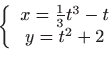 \begin{displaymath}
\left\{
\begin{array}{c}
x=\frac{1}{3}t^{3}-t \\
y=t^{2}+2
\end{array}\right.
\end{displaymath}