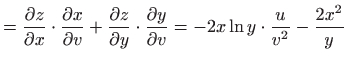 $\displaystyle = \frac{\partial z}{\partial x}\cdot \frac{\partial x}{\partial v...
...}\cdot \frac{\partial y}{\partial v}=-2x\ln y\cdot \frac{u}{v^2}-\frac{2x^2}{y}$